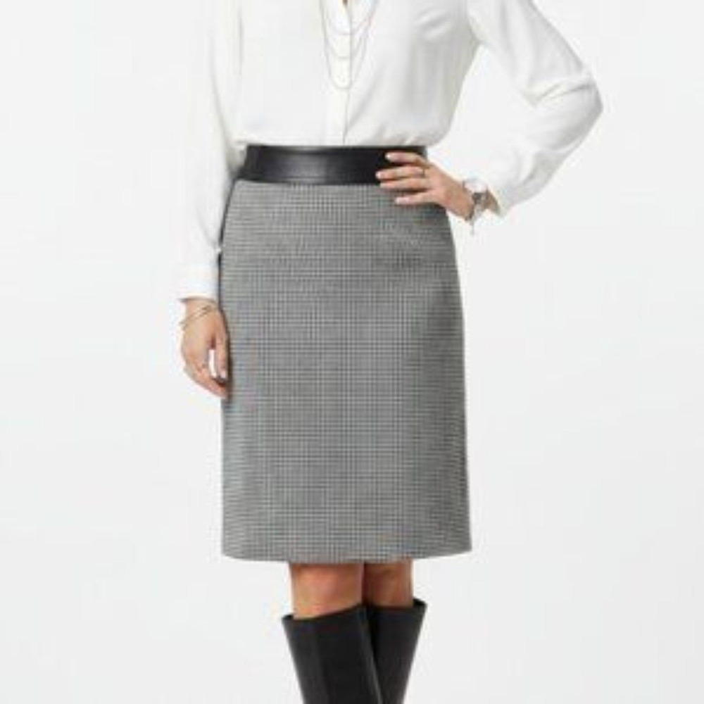 Ann Taylor Black & White Print Leather trim Knee Length Skirt 14